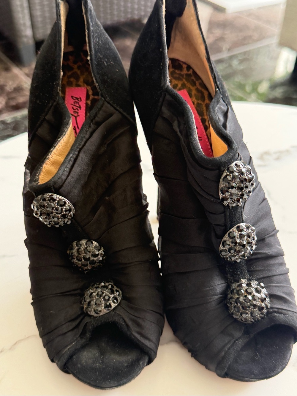 Betsey Johnson Black Satin Peep-Toe Heels with Rhinestone Buttons